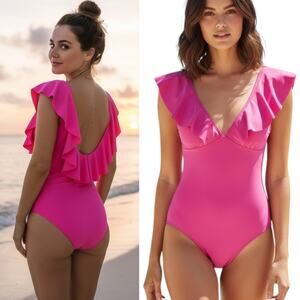 AdoreShe Ruffled One Piece Swimsuit Wmn's Size S Pink Fushsia V Plunge Backless